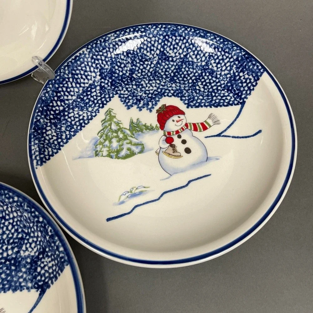 Thomson Pottery Dinner Plates Snowman Blue White‎ 10